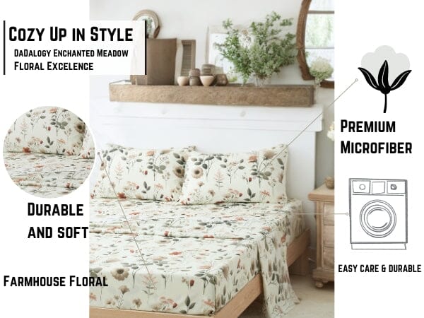 Enchanted Meadow Bed Sheet Set - Floral Harmony in Beige, Rose, and Soft Green