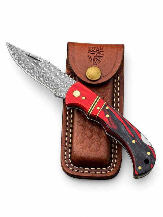 Titan Crimson Ember Damascus Folding Knife – Red & Black Handle, Brass Pins, Leather Sheath