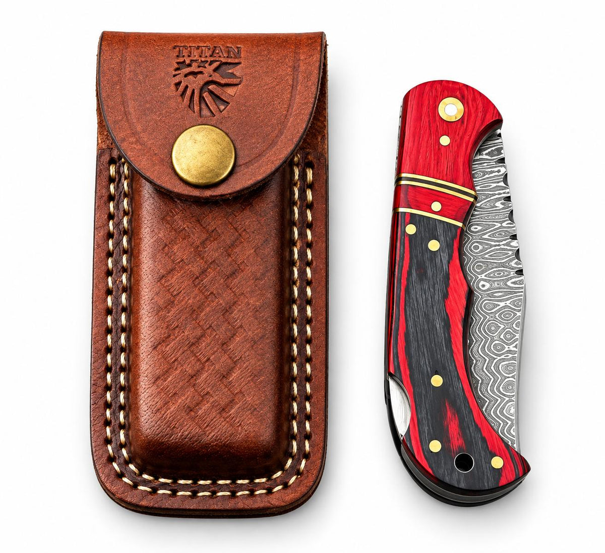 Titan Crimson Ember Damascus Folding Knife – Red & Black Handle, Brass Pins, Leather Sheath