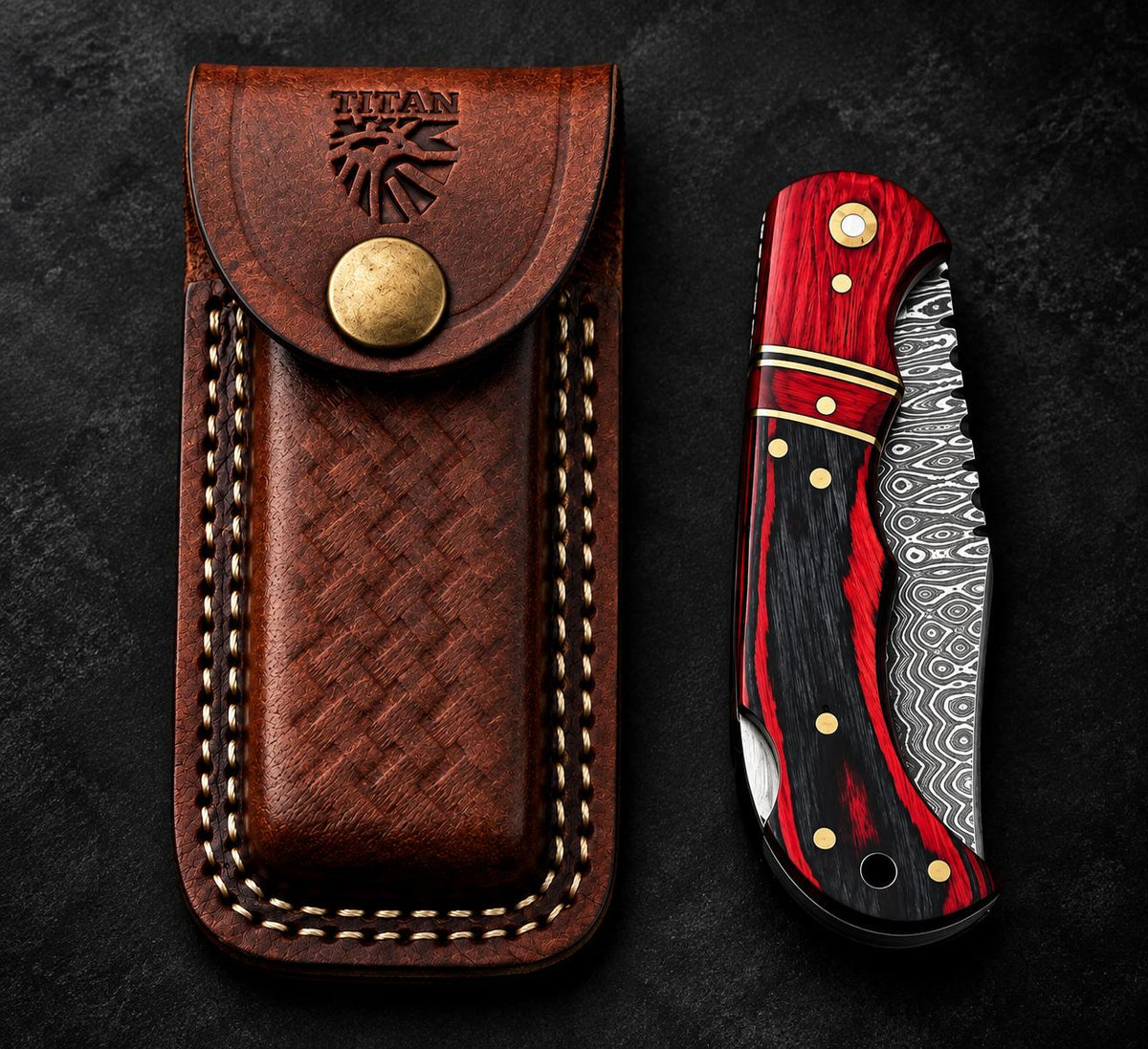 Titan Crimson Ember Damascus Folding Knife – Red & Black Handle, Brass Pins, Leather Sheath