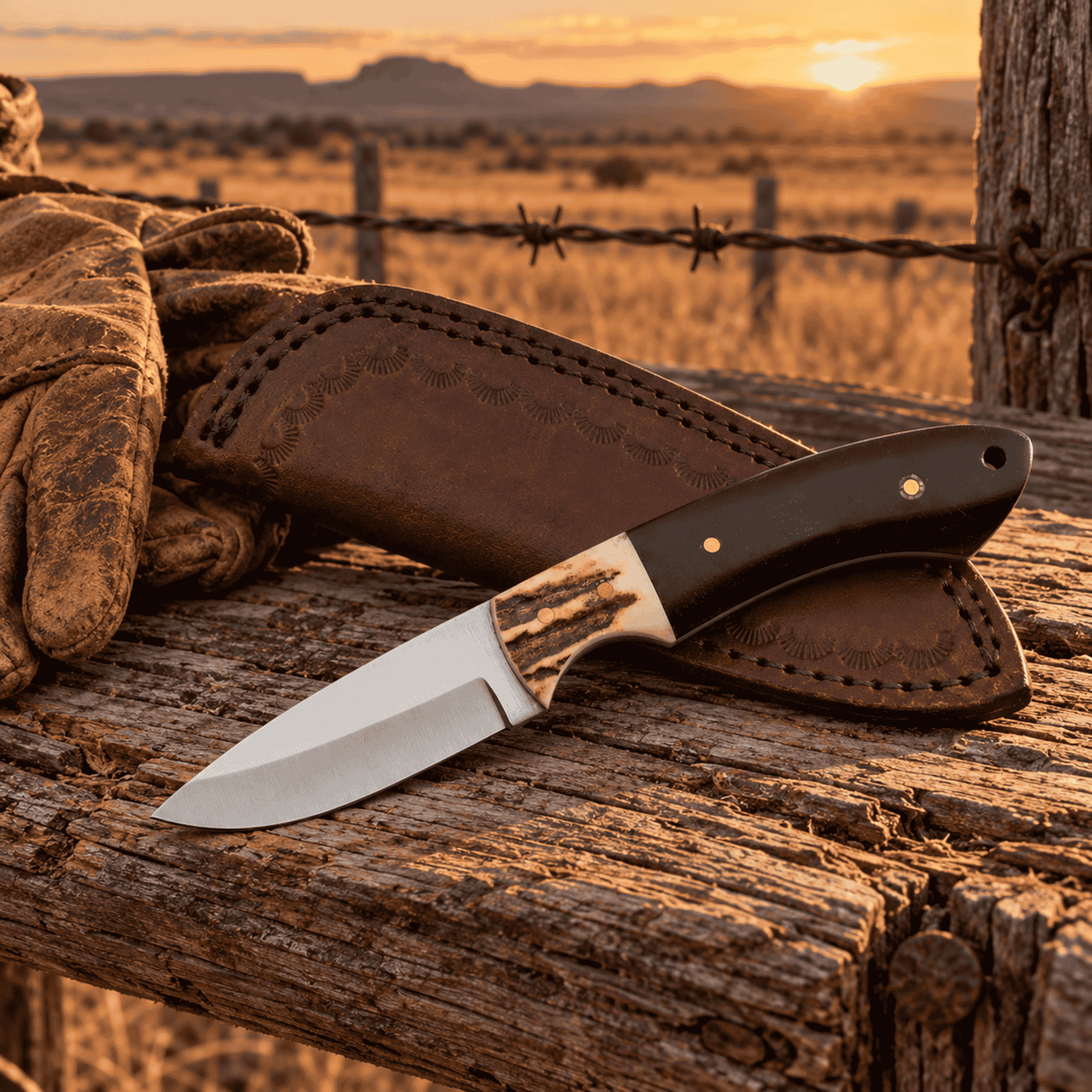 Buffalo Horn & Stag Bone Fixed Blade Hunter – Drop Point, Leather Sheath