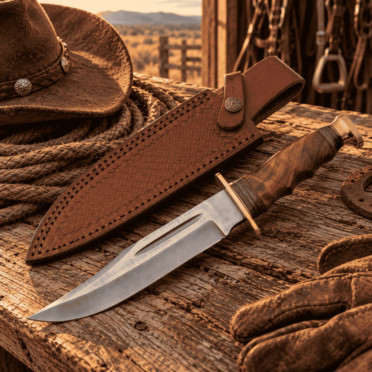 Bowie Knife – 6.25" Clip Point, Walnut & Pakkawood Finger-Grip Handle, Leather Sheath