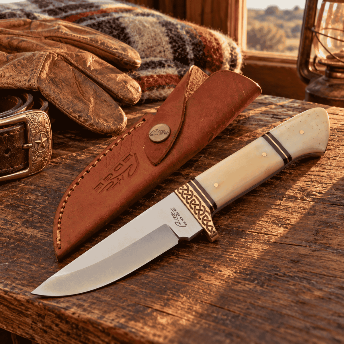 Celtic Fixed Blade Knife – White Bone Handle, Brass Celtic Knot Guard & Leather Sheath