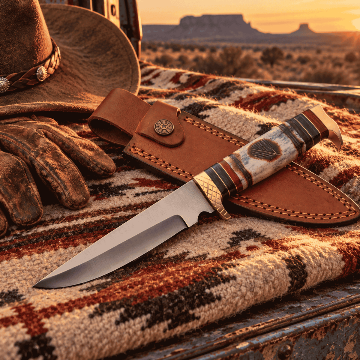 Wind Painter Hunter Fixed Blade Knife – Stained Bone, Brass Guard & Leather Sheath