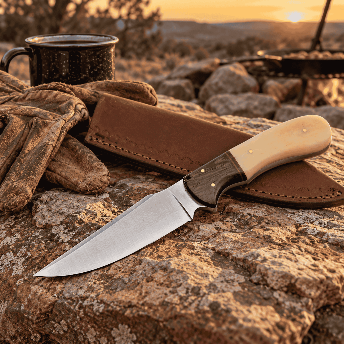 Bone & Wood Fixed Blade Hunting Knife – Clip Point, Leather Sheath