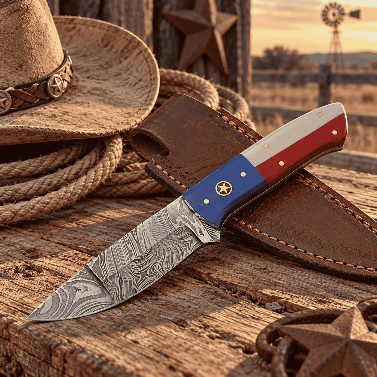 Damascus Texas Pride Fixed Blade Knife – Red, White & Blue Handle, Leather Sheath