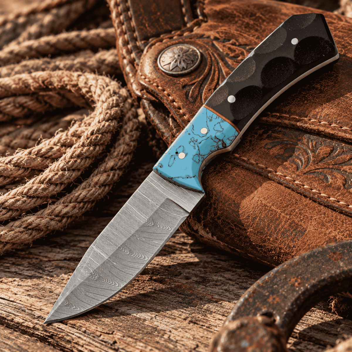 Damascus Skinner Knife – Turquoise Resin & Black Micarta, Leather Sheath