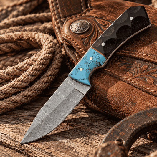 Damascus Skinner Knife – Turquoise Resin & Black Micarta, Leather Sheath