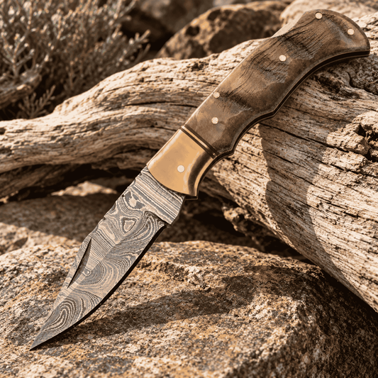 Damascus Ram Lockback Pocket Knife – Ram's Horn Handle & Leather Sheath