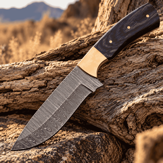 Damascus Opal Blue Hunter Fixed Blade Knife – Blue Pakkawood & Leather Sheath