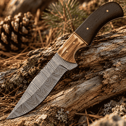 Damascus Elk Stag Hunter Fixed Blade Knife – Stag Bone & Buffalo Horn, Leather Sheath