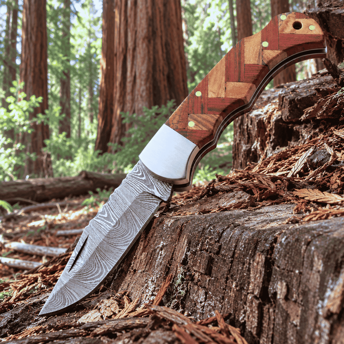 Damascus Forge Lockback Pocket Knife – Brown & Red Wood