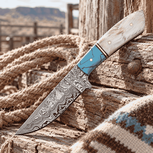 Damascus Hunter Fixed Blade Knife – Blue Pearl & Turquoise Handle, Leather Sheath