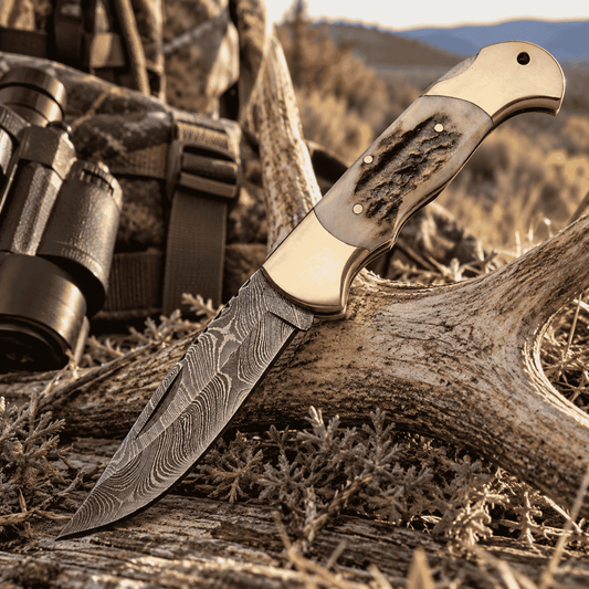 Damascus Lockback Pocket Knife – Stag Bone Handle & Brass Bolsters