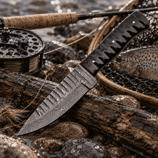Damascus Sharktooth Fixed Blade Knife – Sculpted Horn Handle & Leather Sheath