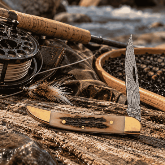 Damascus Toothpick Pocket Knife – Stag Handle & Brass Bolsters