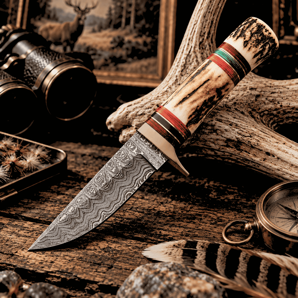 Damascus Hunter Fixed Blade Knife – Stag Handle, Brass Guard & Leather Sheath