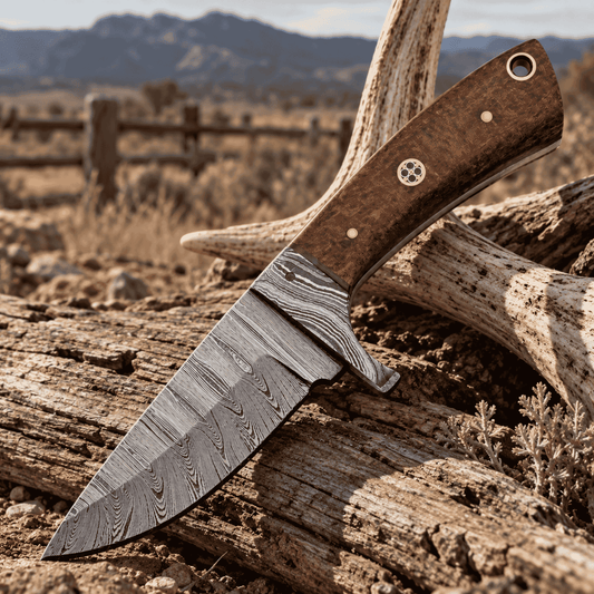 Damascus Drop Point Fixed Blade Knife – Brown Burlap Micarta & Leather Sheath