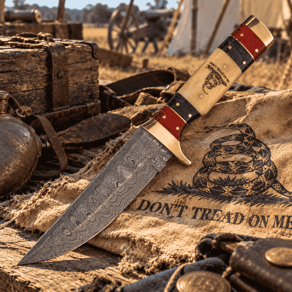 Rough Rider Damascus Skinner Knife – Don't Tread On Me, Pakkawood & Bone