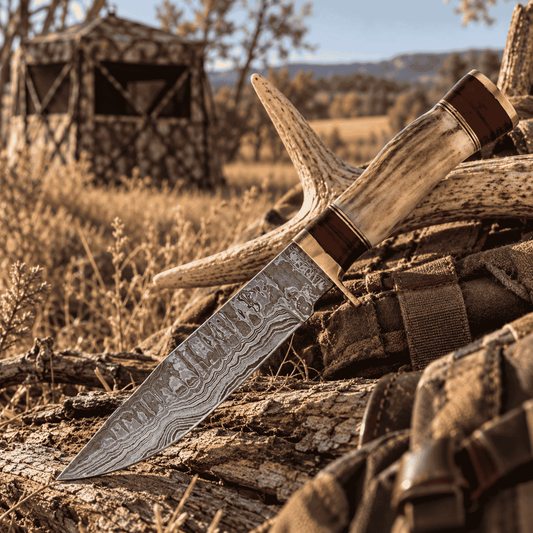 Marbles Damascus Skinner Knife – Stag Bone & Red Pakkawood, Leather Sheath