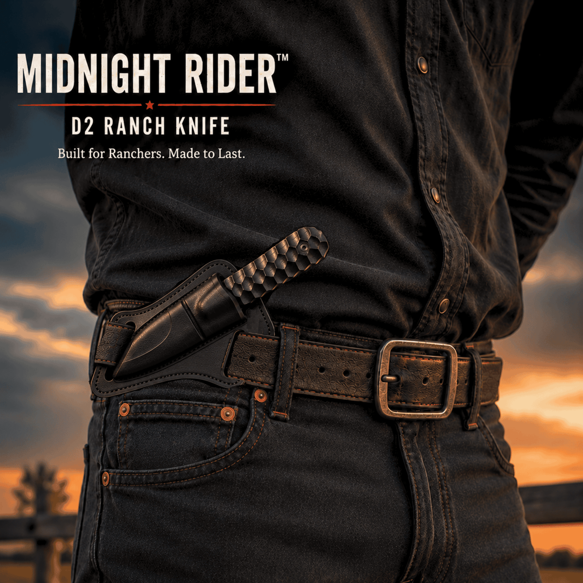 Midnight Rider D2 Ranch Knife | Handmade Black Powder-Coated Fixed Blade with Leather Sheath