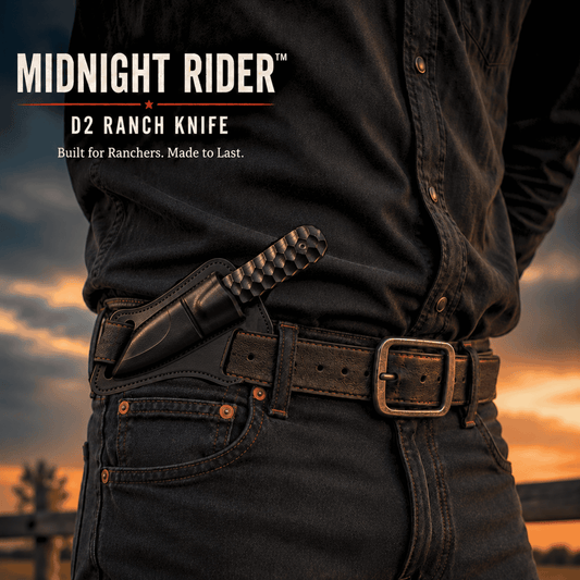 Midnight Rider D2 Ranch Knife | Handmade Black Powder-Coated Fixed Blade with Leather Sheath