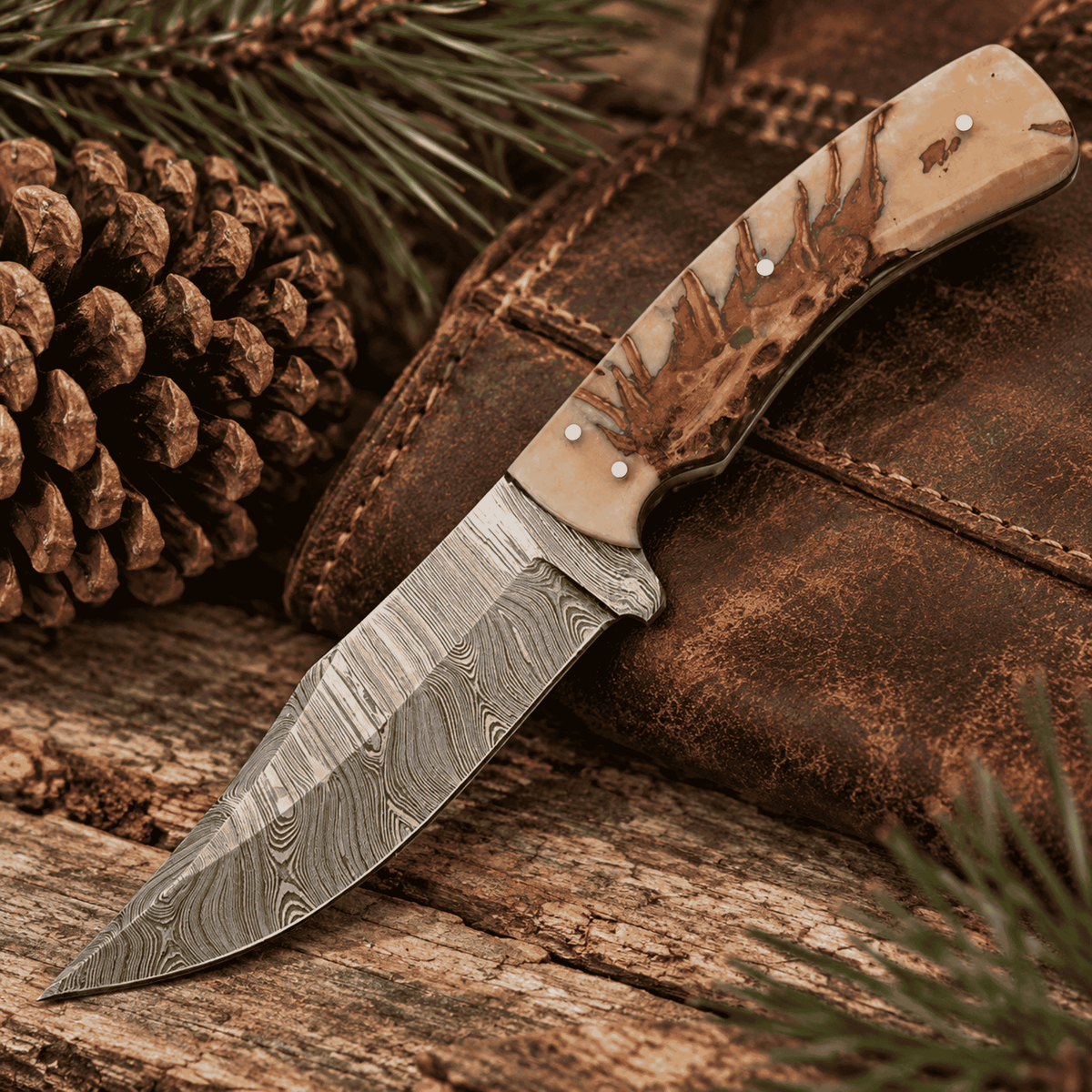 Damascus Pine Ranch Hunter Knife – Upswept Skinner, Pine Cone Acrylic Handle