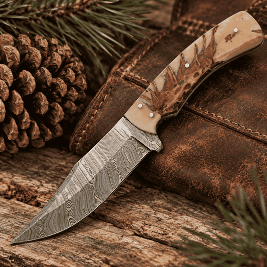 Damascus Pine Ranch Hunter Knife – Upswept Skinner, Pine Cone Acrylic Handle