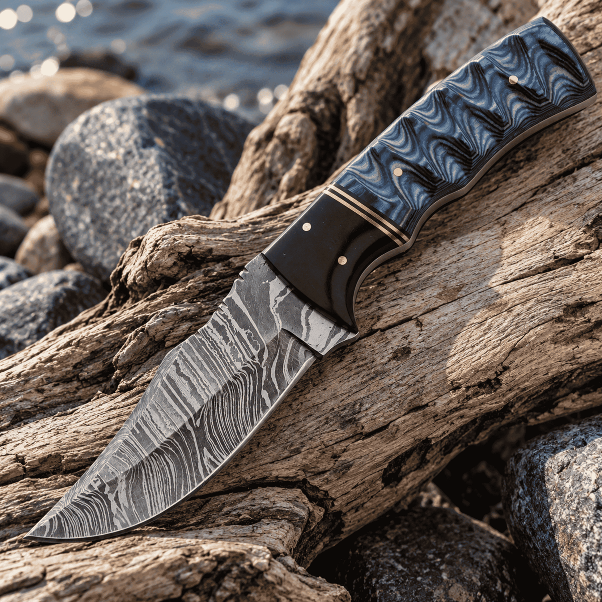 Damascus Blue Lake Ripple Hunter Fixed Blade Knife – Blue Sculpted Pakkawood