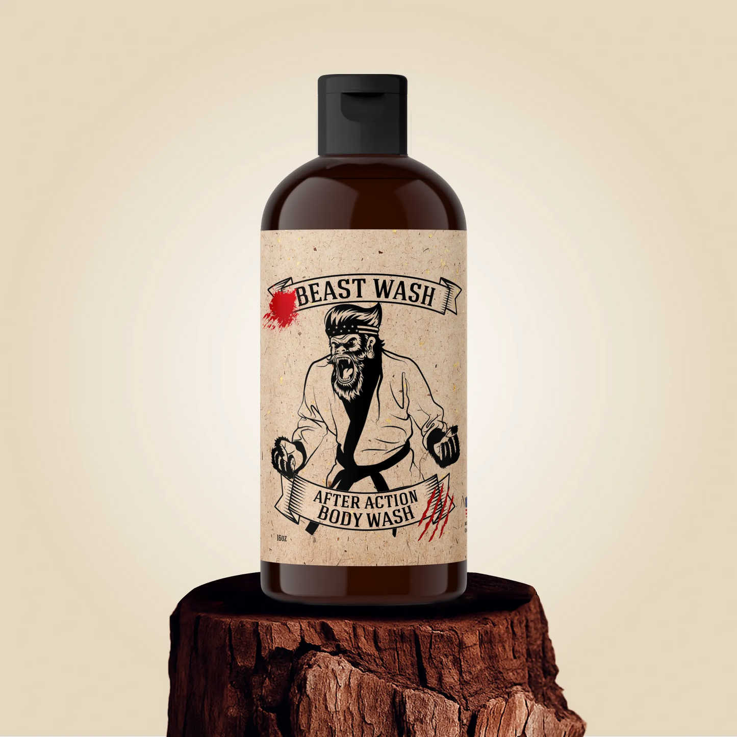 Bottle of 'Beast Wash' after action body wash on a wooden block with a beige background