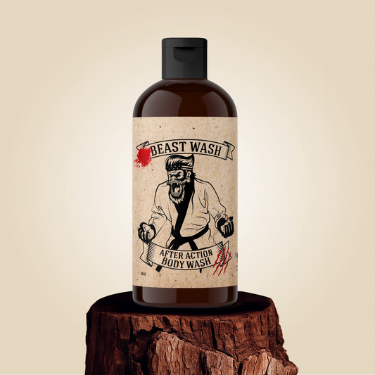 Bottle of 'Beast Wash' after action body wash on a wooden block with a beige background