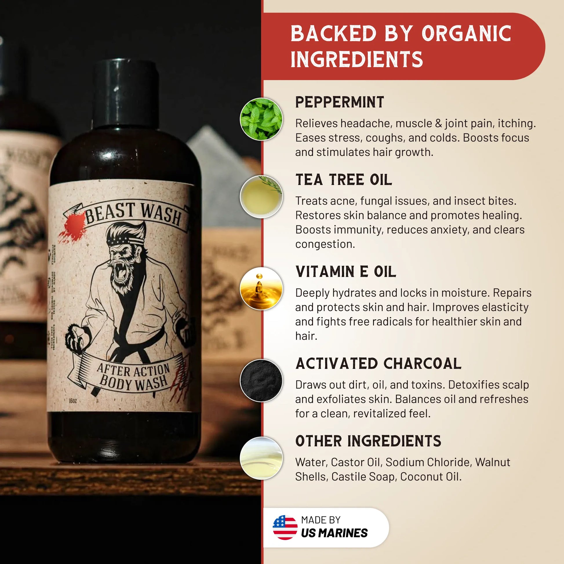 Beast Wash after action body wash bottle with ingredient information on a wooden surface.