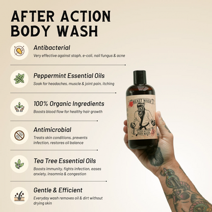 Bottle of 'After Action' body wash held by a hand with tattoos, against a beige background.