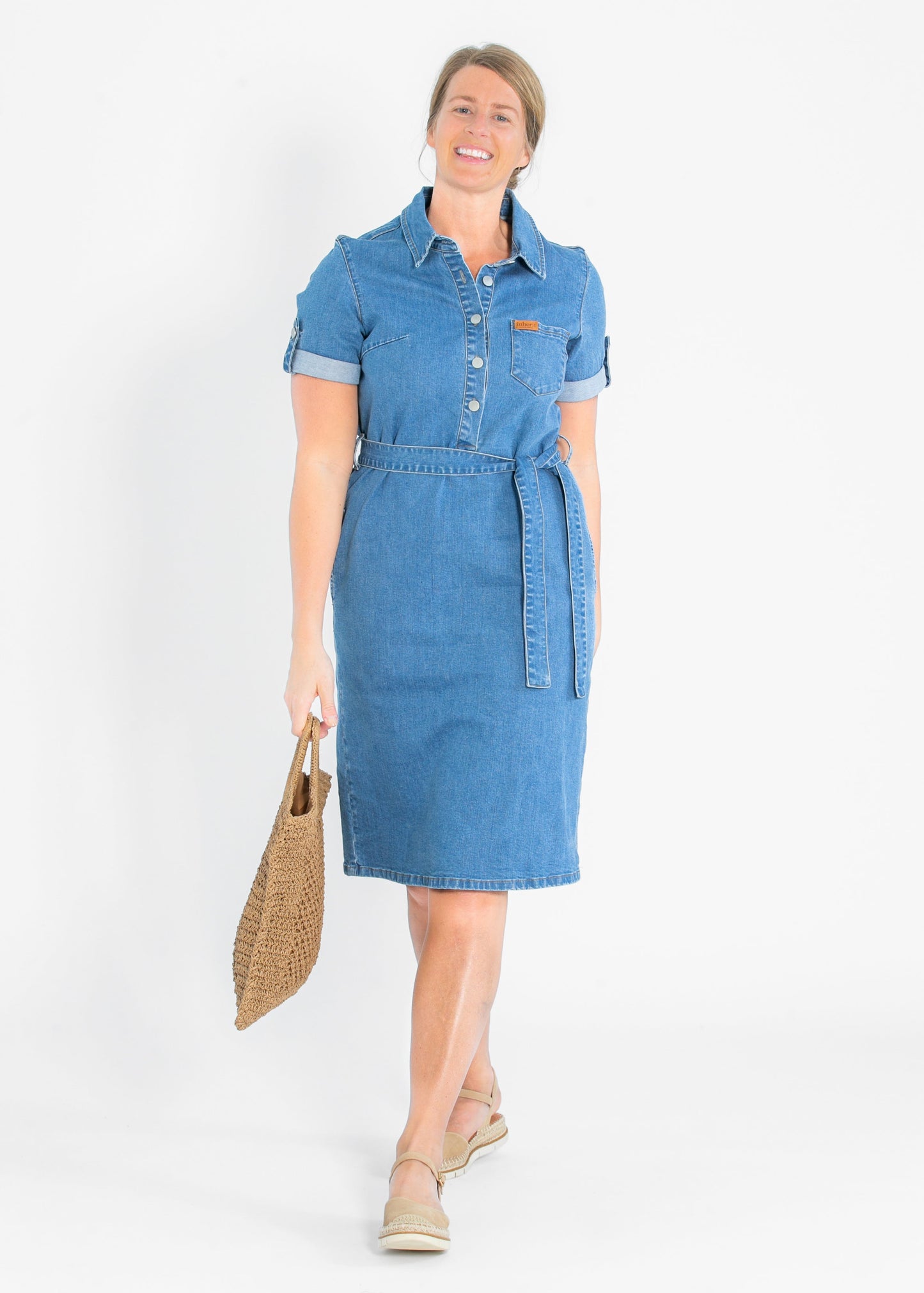 Inherit Co Ada Denim Midi Dress Denim Wash Belt Buttons Knee Length