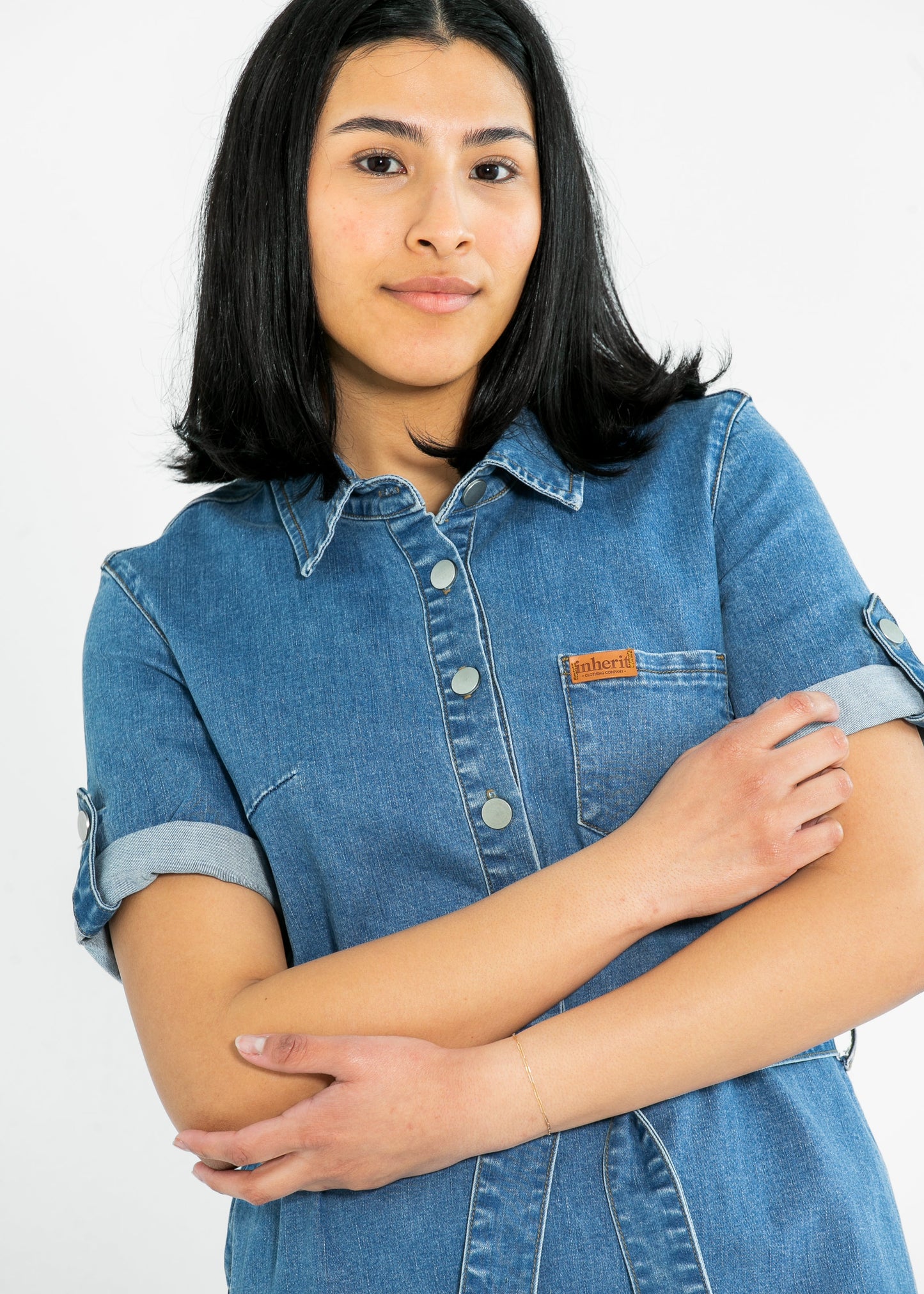 Inherit Co Ada Denim Midi Dress Denim Wash Belt Buttons Knee Length
