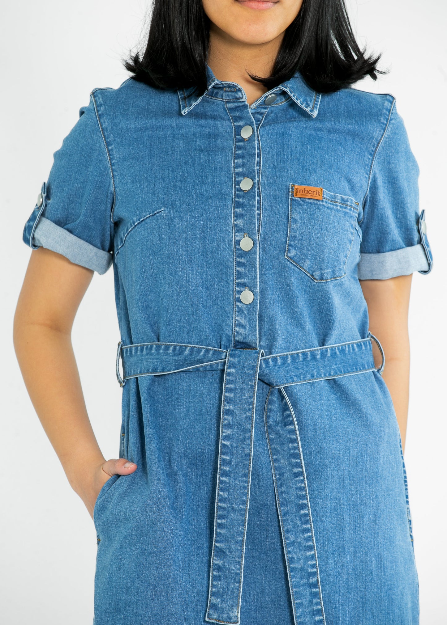 Inherit Co Ada Denim Midi Dress Denim Wash Belt Buttons Knee Length