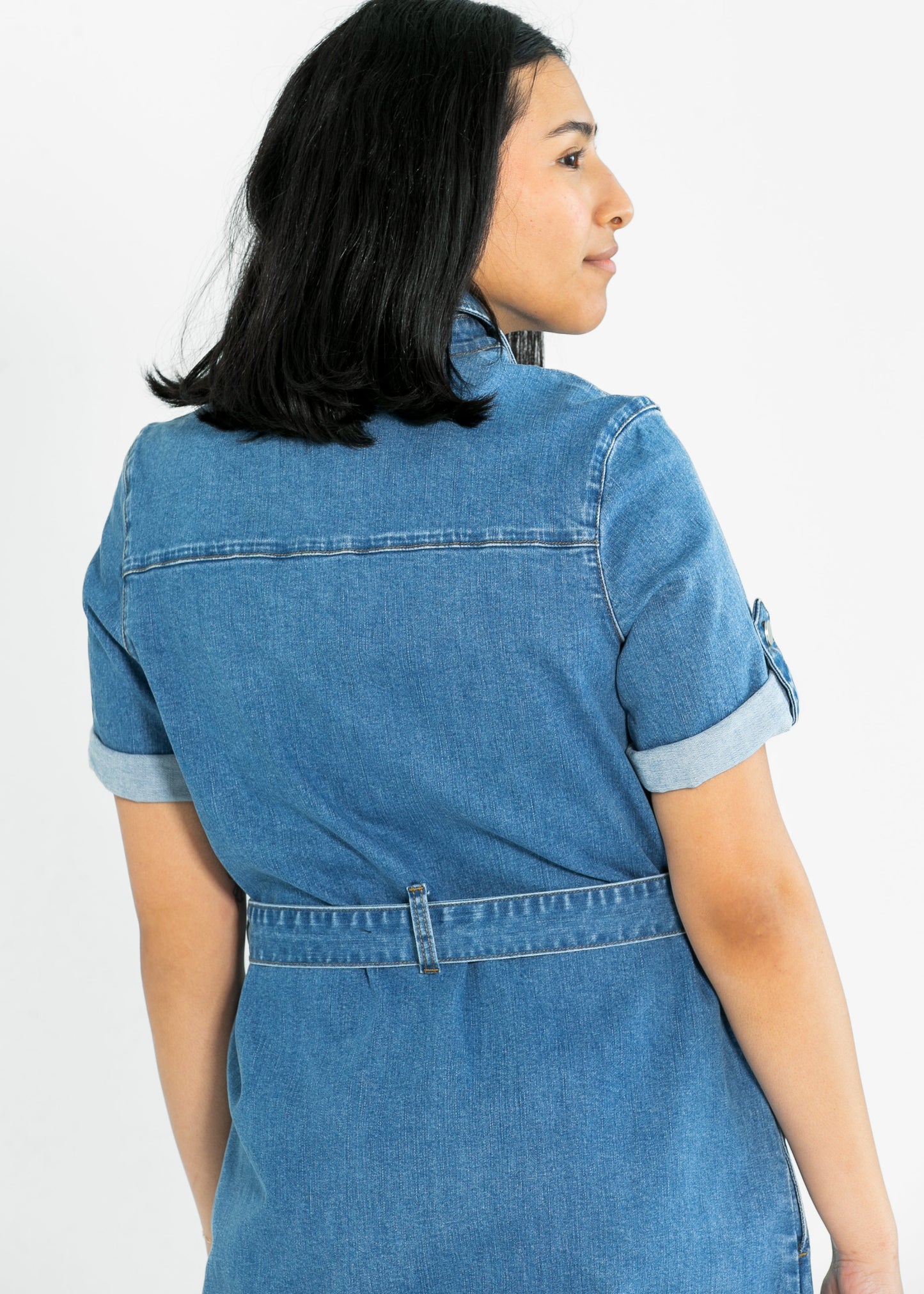 Inherit Co Ada Denim Midi Dress Denim Wash Belt Buttons Knee Length