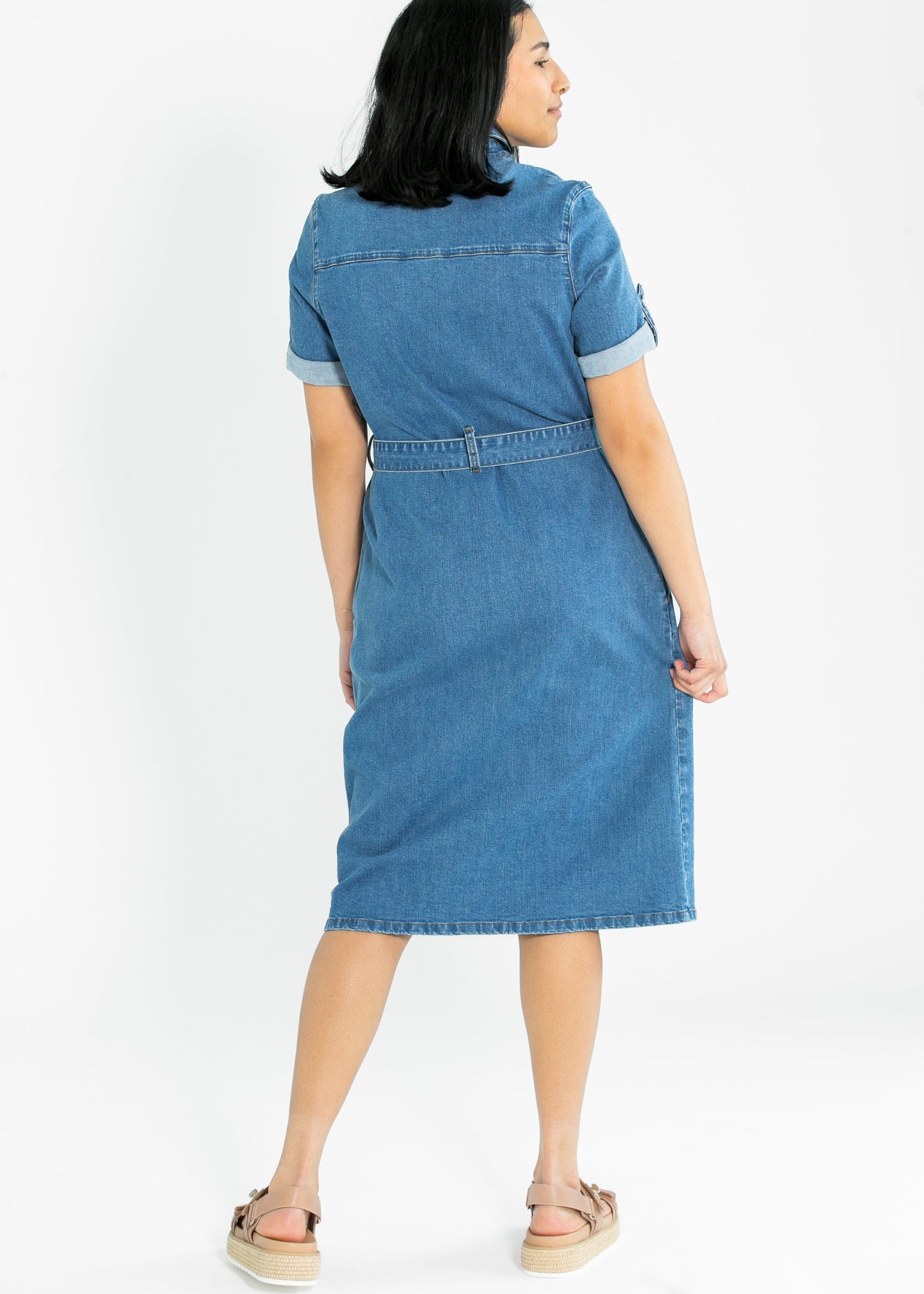 Inherit Co Ada Denim Midi Dress Denim Wash Belt Buttons Knee Length
