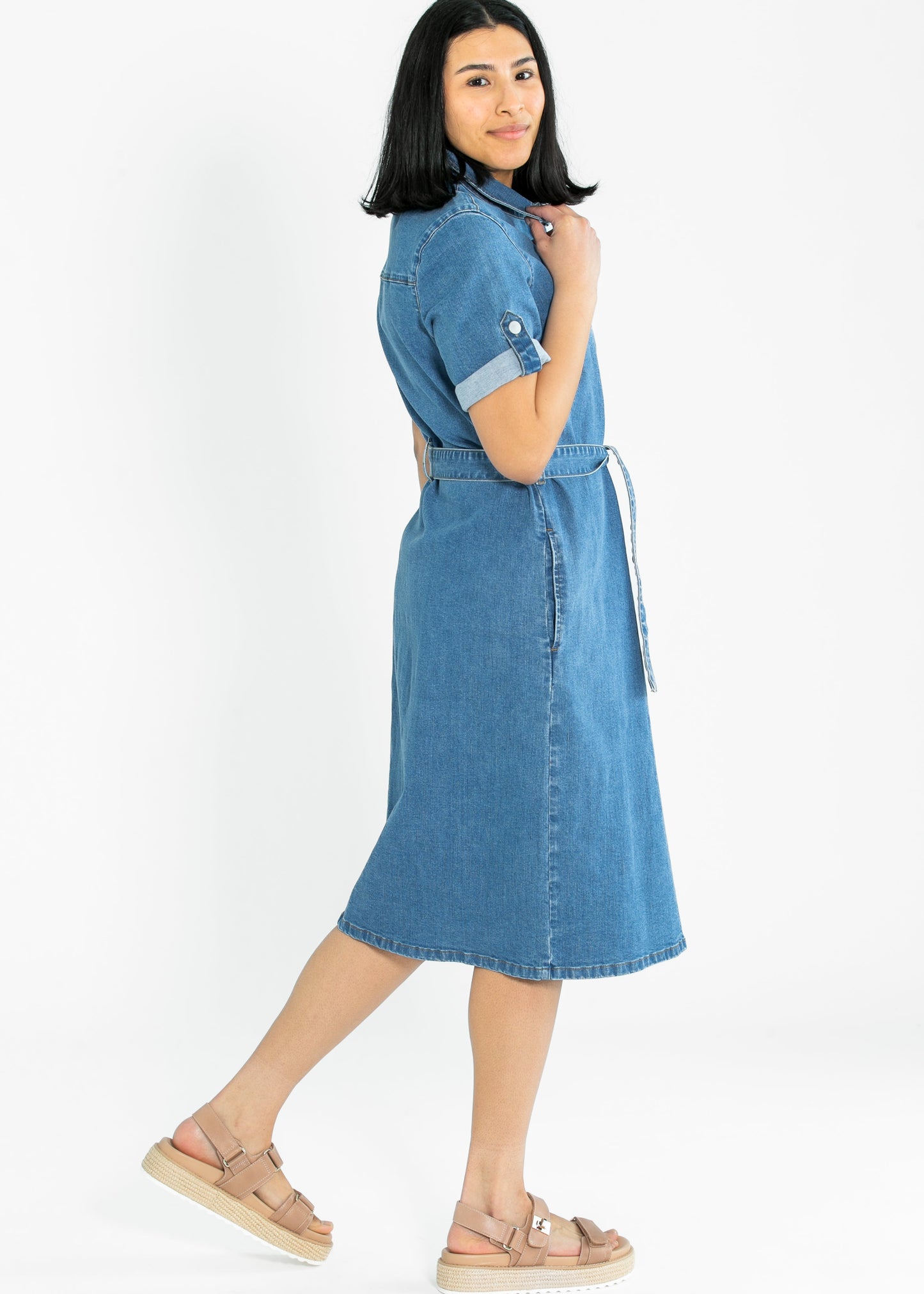 Inherit Co Ada Denim Midi Dress Denim Wash Belt Buttons Knee Length