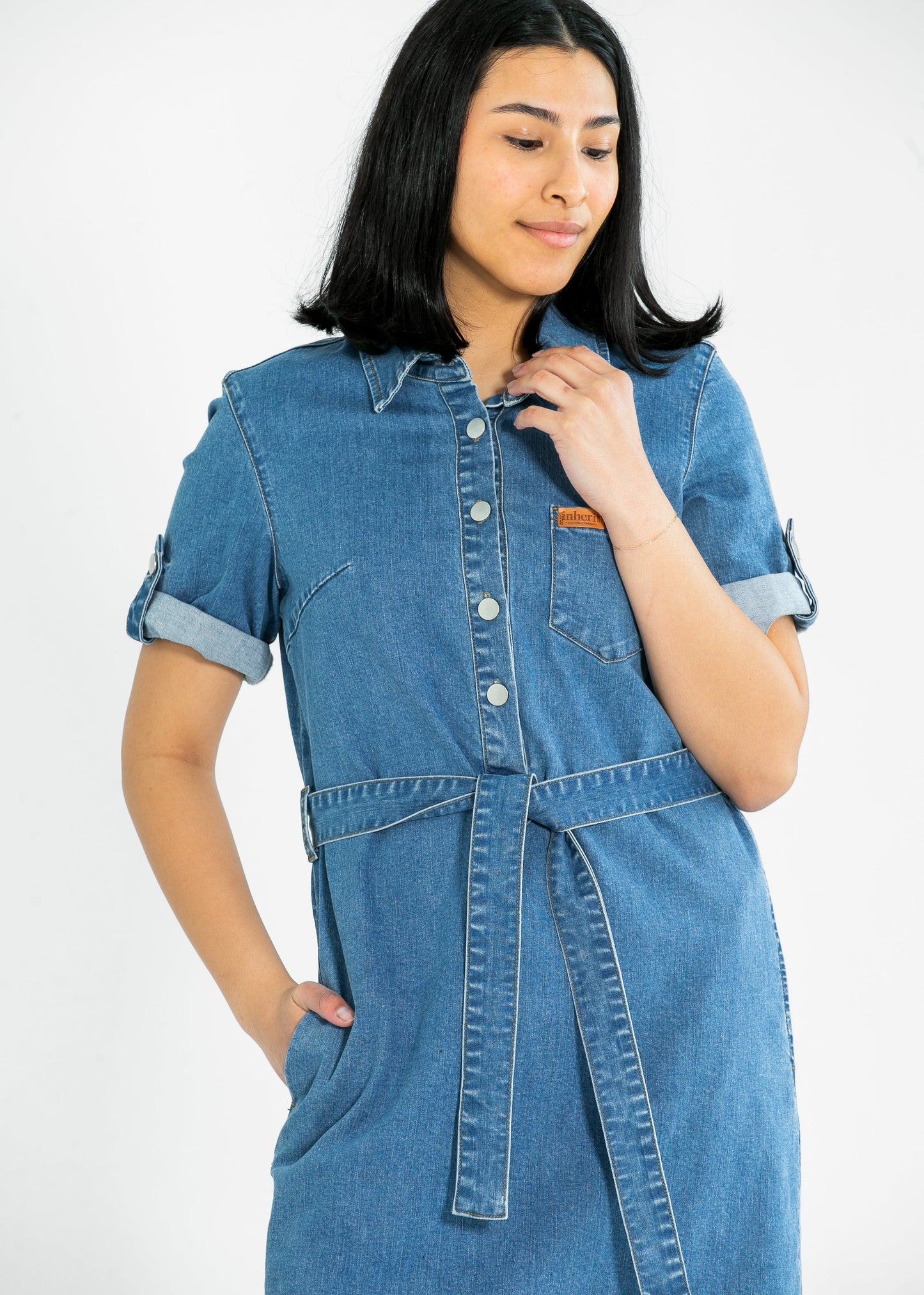Inherit Co Ada Denim Midi Dress Denim Wash Belt Buttons Knee Length