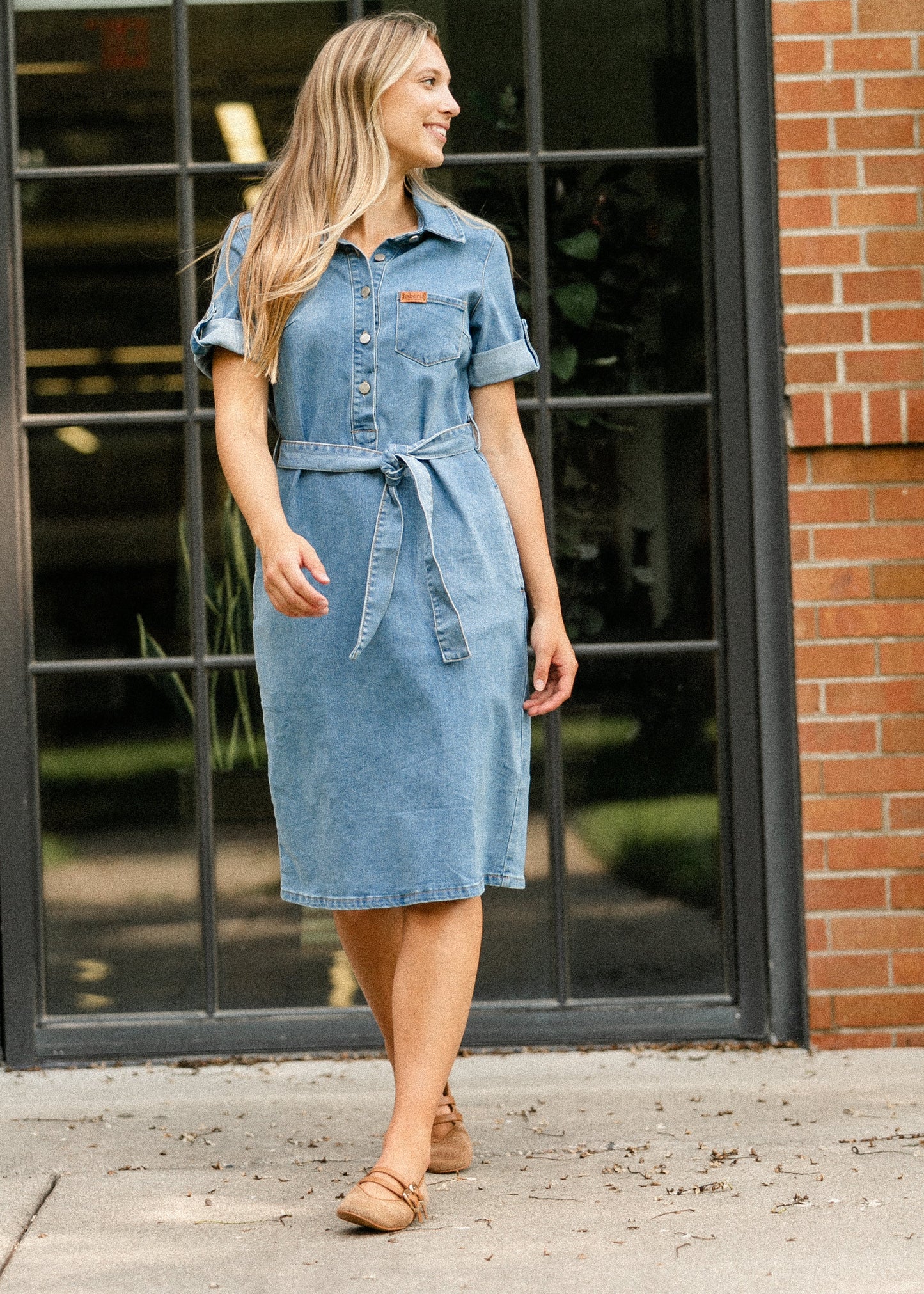Inherit Co Ada Denim Midi Dress Denim Wash Belt Buttons Knee Length