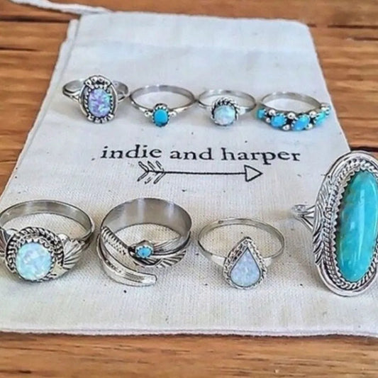 Alloy Turquoise 8 - Piece Ring Set - Bumpkin Ranchwear