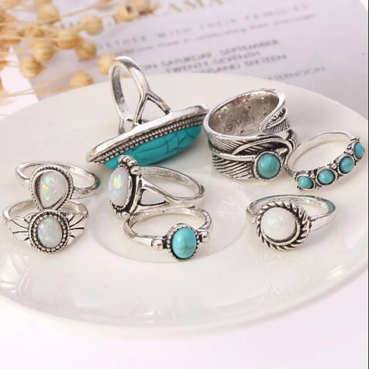 Alloy Turquoise 8 - Piece Ring Set - Bumpkin Ranchwear