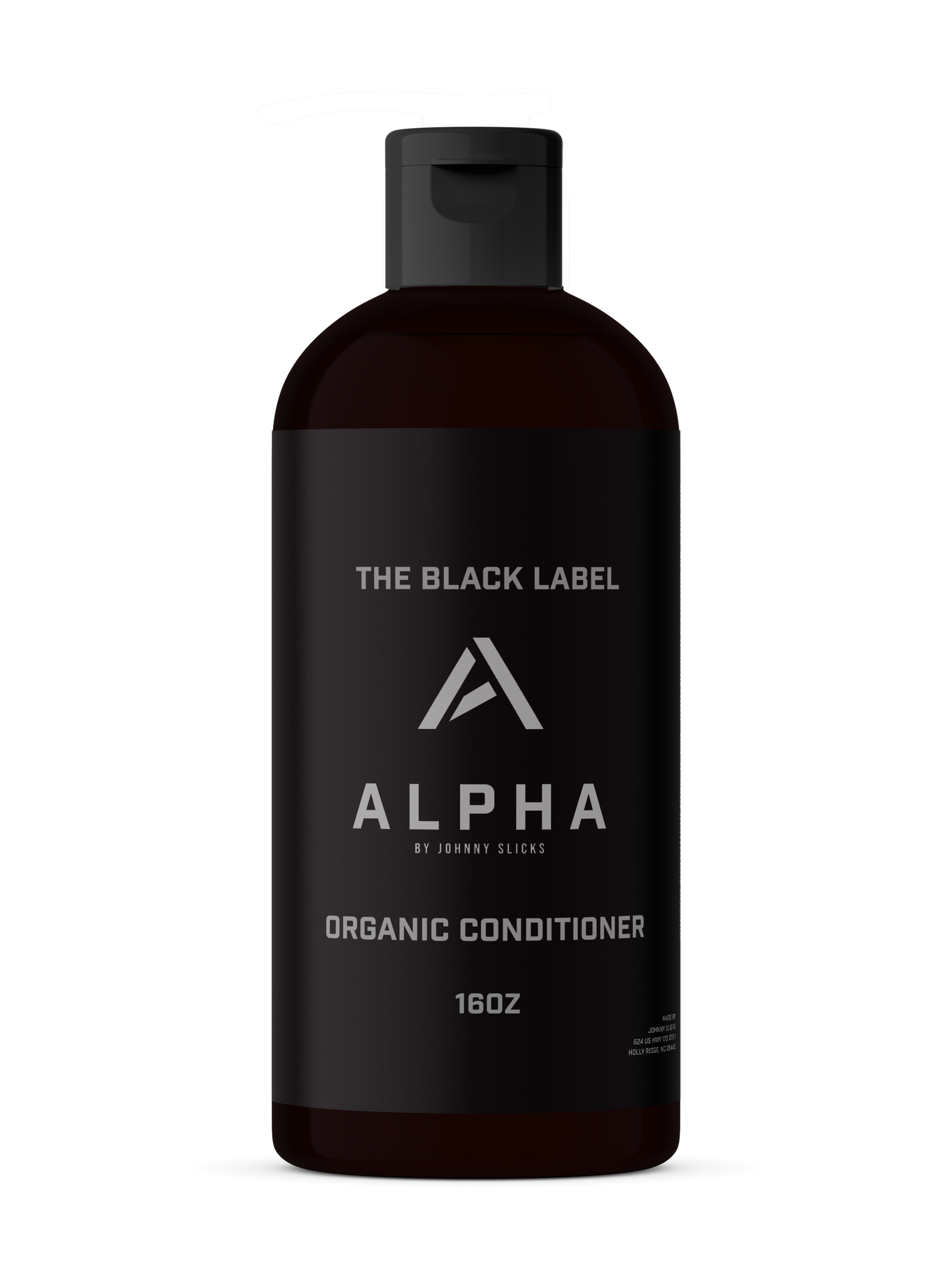 Black bottle of Alpha Organic Conditioner on a white background