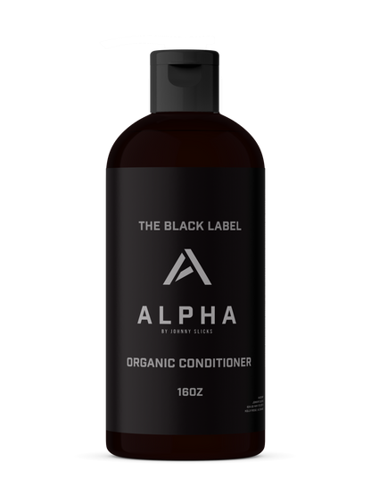 Black bottle of Alpha Organic Conditioner on a white background