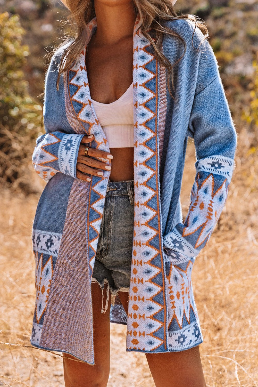 Ariah Aztec Print Open Front Knitted Cardigan - Bumpkin Ranchwear