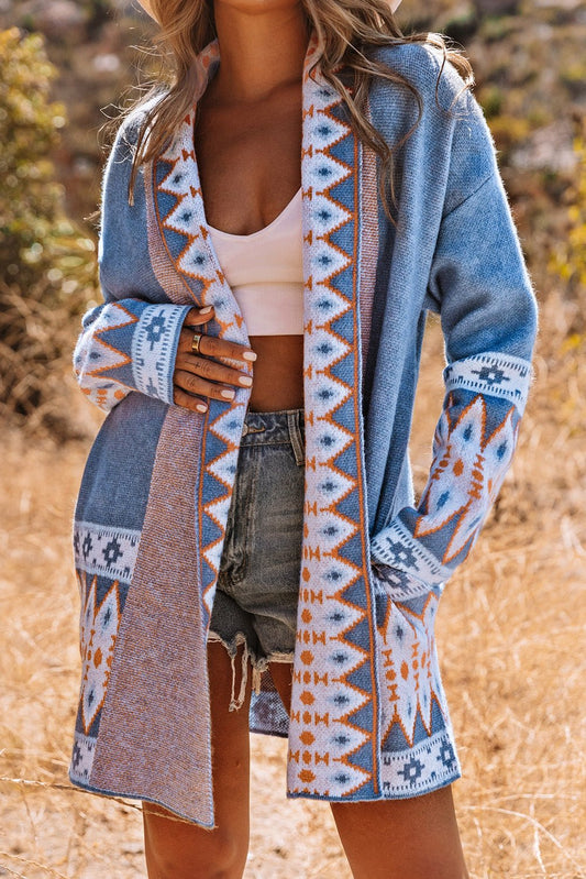 Ariah Aztec Print Open Front Knitted Cardigan - Bumpkin Ranchwear