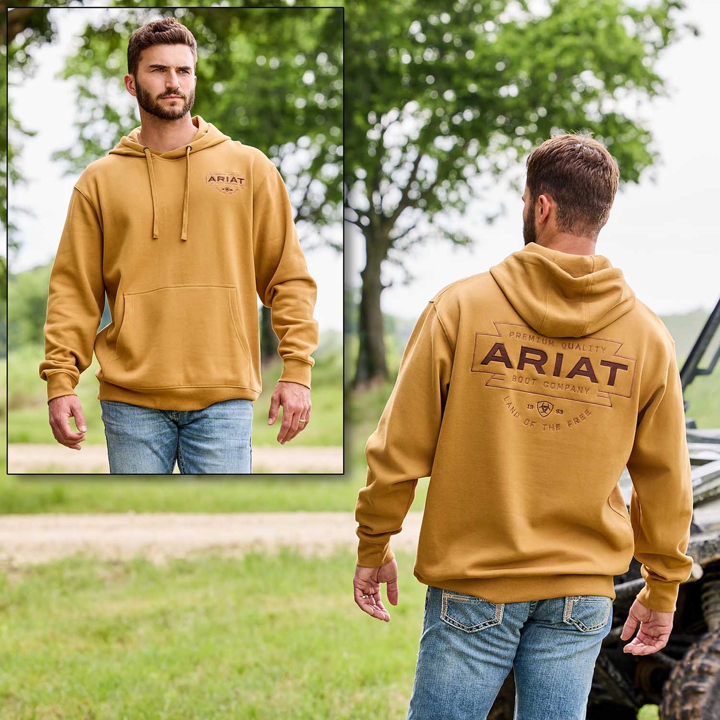 Man wearing a mustard yellow Ariat hoodie outdoors with trees in the background