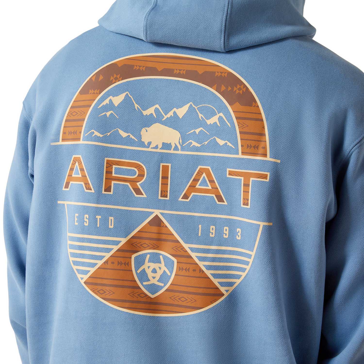 Blue hoodie with Ariat logo on the back