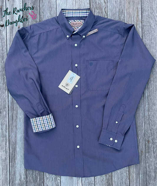 Ariat Men's Navy Wrinkle Free Solid Pinpoint Oxford Classic Fit Shirt - Bumpkin Ranchwear